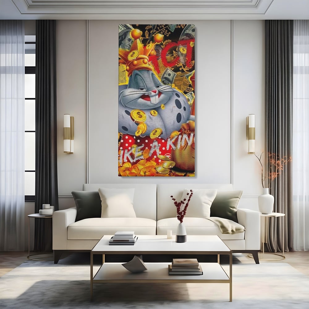 Tablou canvas cu tablou canvas cu bugs bunny rege, fara rama, pe sasiu de lemn, pe perete intr-un living
